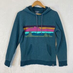 L.L.Bean Women's Cozy Teal Mountain Landscape Graphic Hoodie Sweatshirt Size Sm